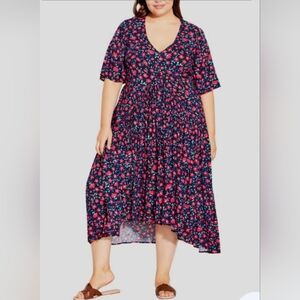 Avenue Val Print Wall Flower V-Neck Short Sleeve Dress Size 26W